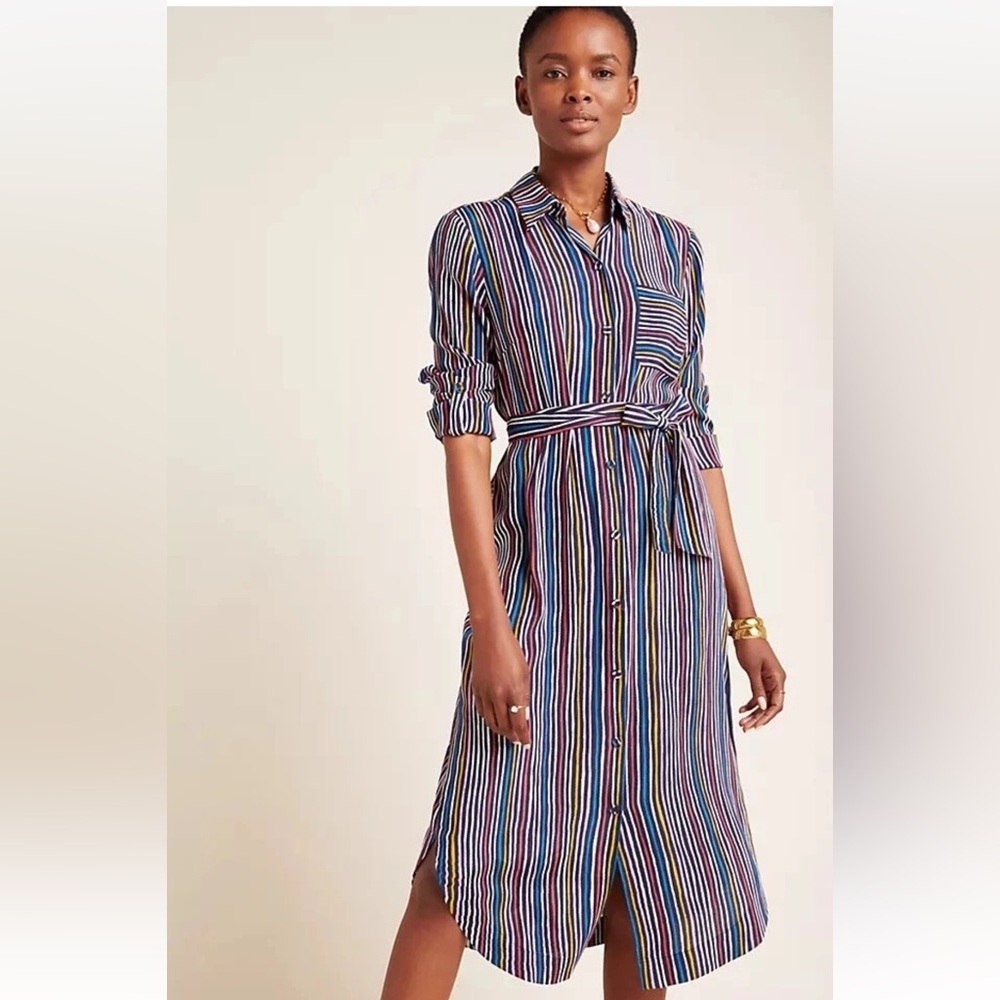 Maeve Anthropologie Letty Striped Multicolor Shirt Dress With Belt Sash Size 2